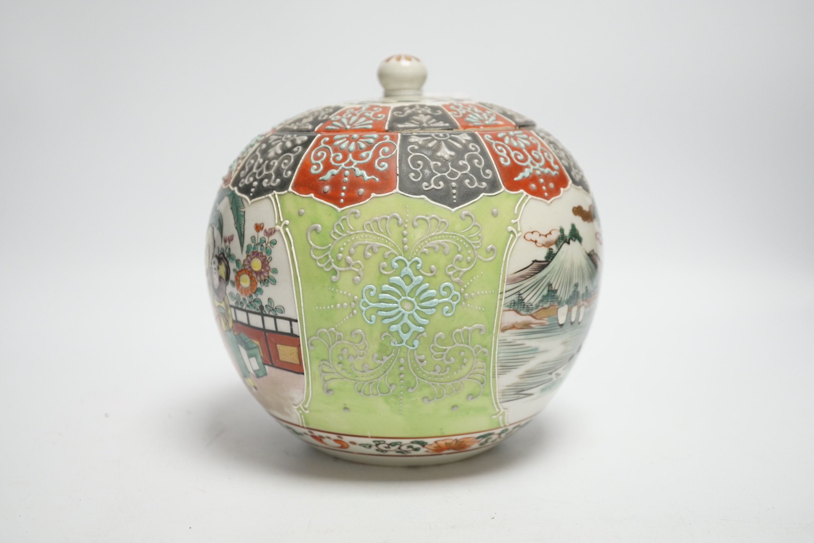 An early 20th century Japanese famille rose snuff bottle together with three others and a lidded jar